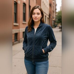 Spense Sport Blue Velour Zip Front Athletic Jacket Petite Large Womens PL Full Z